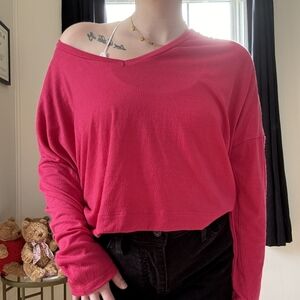 Anthropologie Pink Long Sleeve Boxy V-Neck Knit Top